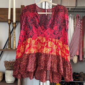 Free People Red and Orange Floral Blouse